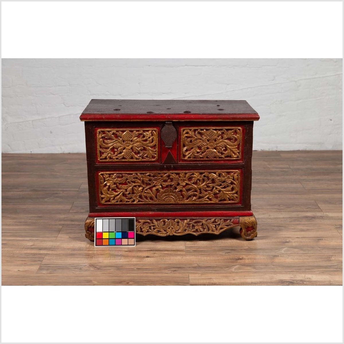 Antique Madura Hand Carved Wooden Blanket Chest with Red, Brown and Gilt Accents-6. Asian & Chinese Furniture, Art, Antiques, Vintage Home Décor for sale at FEA Home