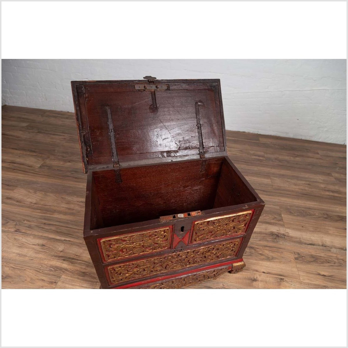 Antique Madura Hand Carved Wooden Blanket Chest with Red, Brown and Gilt Accents-7. Asian & Chinese Furniture, Art, Antiques, Vintage Home Décor for sale at FEA Home