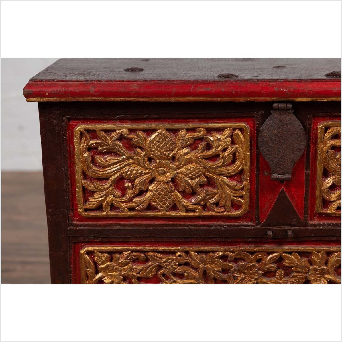 Antique Madura Hand Carved Wooden Blanket Chest with Red, Brown and Gilt Accents-8. Asian & Chinese Furniture, Art, Antiques, Vintage Home Décor for sale at FEA Home