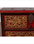 Antique Madura Hand Carved Wooden Blanket Chest with Red, Brown and Gilt Accents-8. Asian & Chinese Furniture, Art, Antiques, Vintage Home Décor for sale at FEA Home