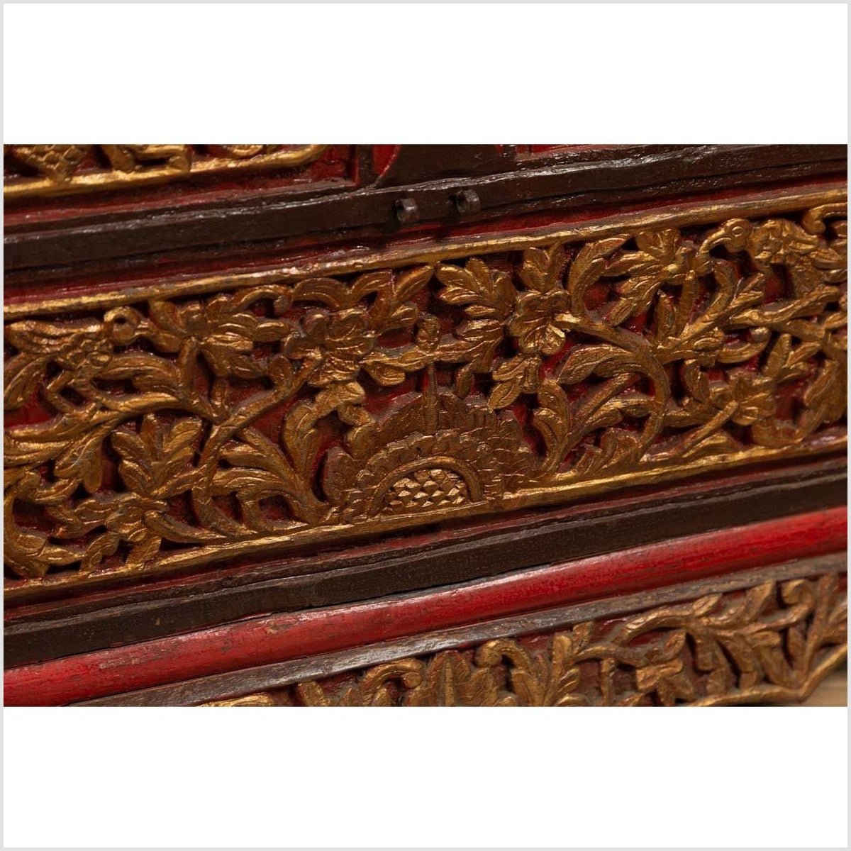 Antique Madura Hand Carved Wooden Blanket Chest with Red, Brown and Gilt Accents-9. Asian & Chinese Furniture, Art, Antiques, Vintage Home Décor for sale at FEA Home