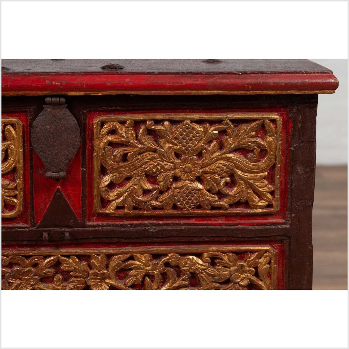 Antique Madura Hand Carved Wooden Blanket Chest with Red, Brown and Gilt Accents-10. Asian & Chinese Furniture, Art, Antiques, Vintage Home Décor for sale at FEA Home
