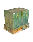 Green glazed ceramic miniature Chinese treasure chest, rectangular, Ming dynasty style, close-up on neutral background.