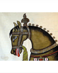 Beige painting on paper, close-up of decorated horse head with bridle, ornate background.