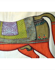Gilded orange horse hind legs with green and purple cloth, painted in Mughal Indian style, close-up.
