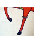 Red horse legs with black hooves and bands, close-up, illustration in antique Mughal Indian painting style.