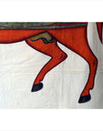 Red horse hind legs with black hooves, mid-stride on cream background, antique Mughal Indian painting, close-up.