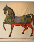 Cream background, painted horse with raised front leg, traditional Mughal Indian style on paper.