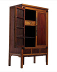 Brown elm and cypress wood Ningbo cabinet from 19th century China with open doors, shelves, and drawers visible.