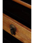 Close-up of brown elm and cypress wood cabinet drawer from 19th-century China, partially open with metal lock.