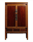 Dark wood China cabinet, antique 19th c. Ningbo elm and cypress, brass handles, three small drawers below.