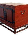 Red lacquer wood bedside cabinet with brass hardware and double doors, mid 19th century Chinese style.