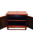 Red lacquer wood bedside cabinet with brass hardware and single shelf, mid-19th century Chinese style.