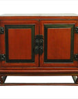 Red lacquer wood bedside cabinet with brass hardware, black trim, and double doors, mid-19th century China.