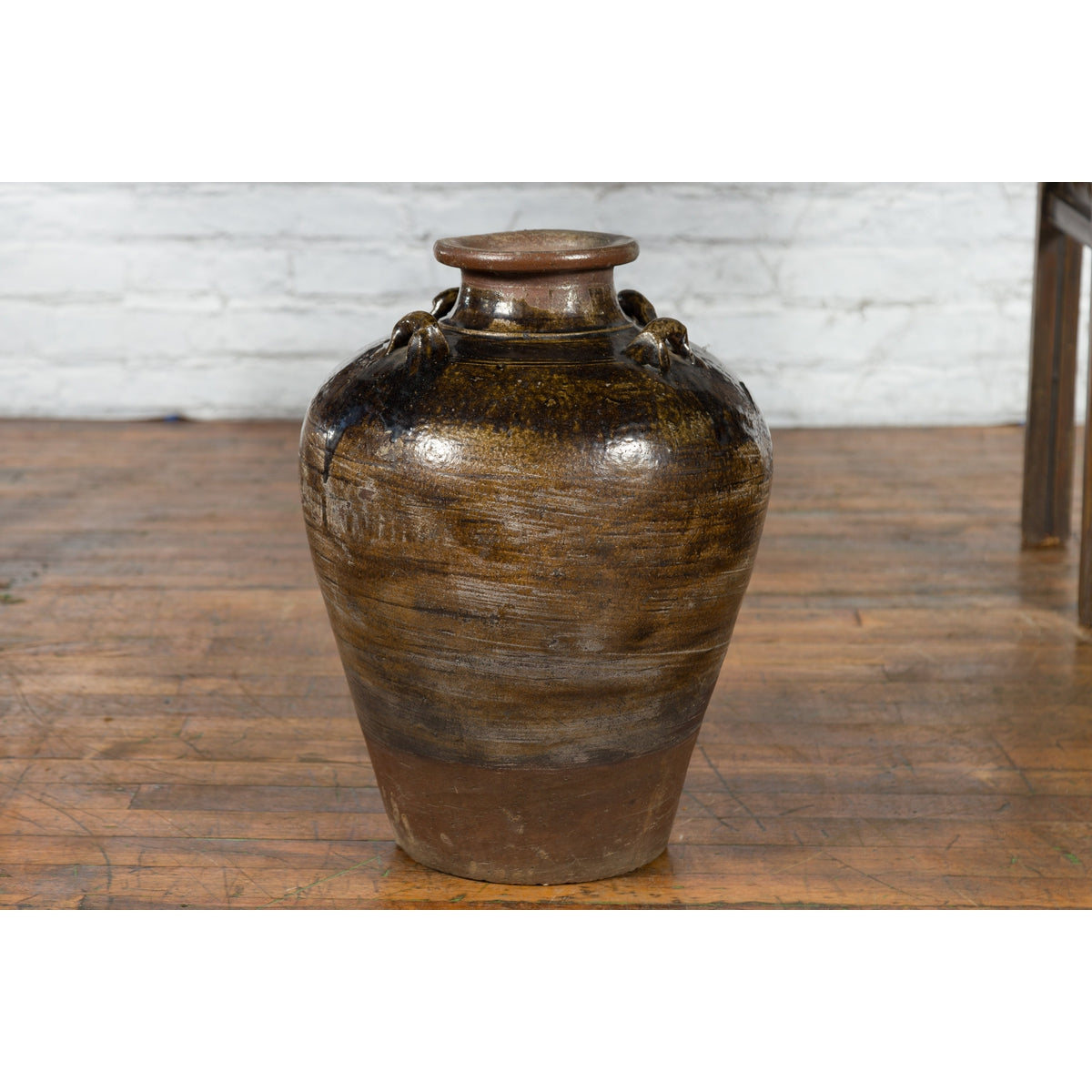 Antique Thai 19th Century Brown Glazed Water Jar with Petite Loop Handles-12. Asian & Chinese Furniture, Art, Antiques, Vintage Home Décor for sale at FEA Home