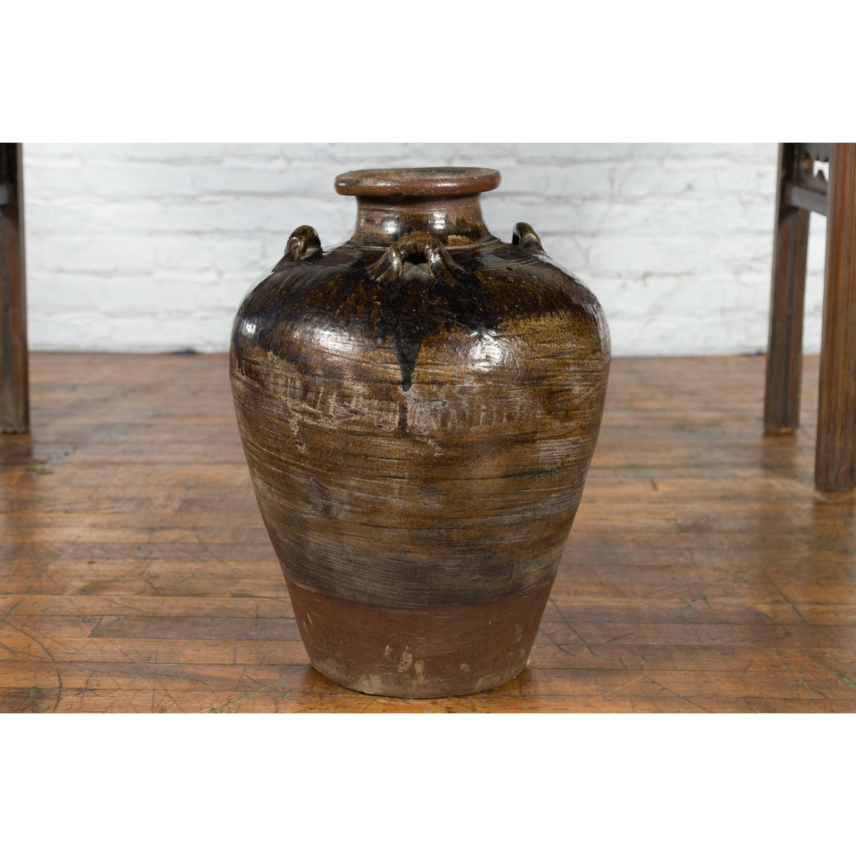 Antique Thai 19th Century Brown Glazed Water Jar with Petite Loop Handles-3. Asian & Chinese Furniture, Art, Antiques, Vintage Home Décor for sale at FEA Home