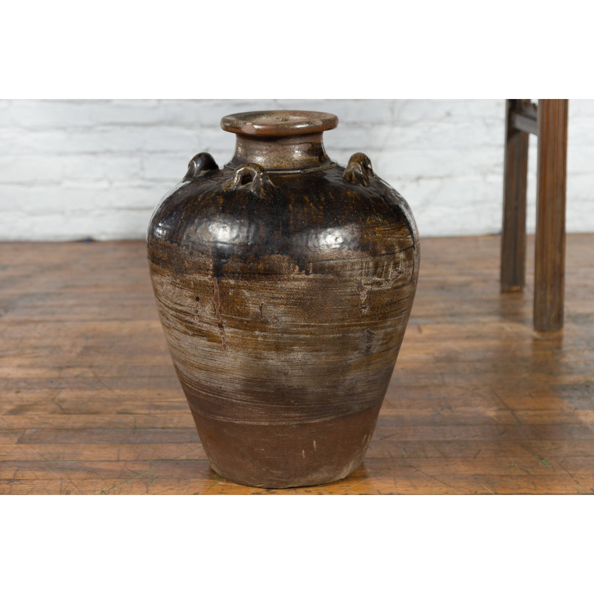 Antique Thai 19th Century Brown Glazed Water Jar with Petite Loop Handles-4. Asian & Chinese Furniture, Art, Antiques, Vintage Home Décor for sale at FEA Home