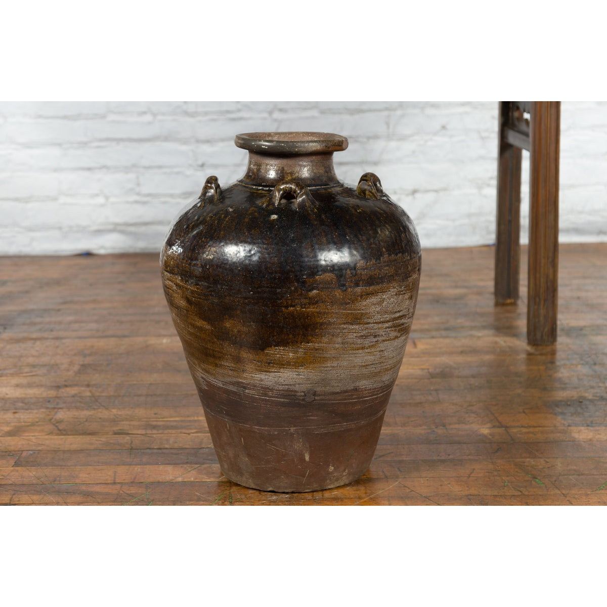 Antique Thai 19th Century Brown Glazed Water Jar with Petite Loop Handles-6. Asian & Chinese Furniture, Art, Antiques, Vintage Home Décor for sale at FEA Home