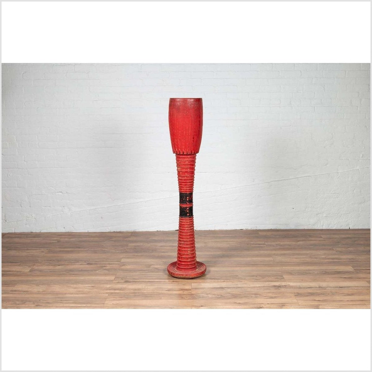 Antique Thai Freestanding Red Ceremonial Drum with Reeded Accents and Round Base-4. Asian & Chinese Furniture, Art, Antiques, Vintage Home Décor for sale at FEA Home