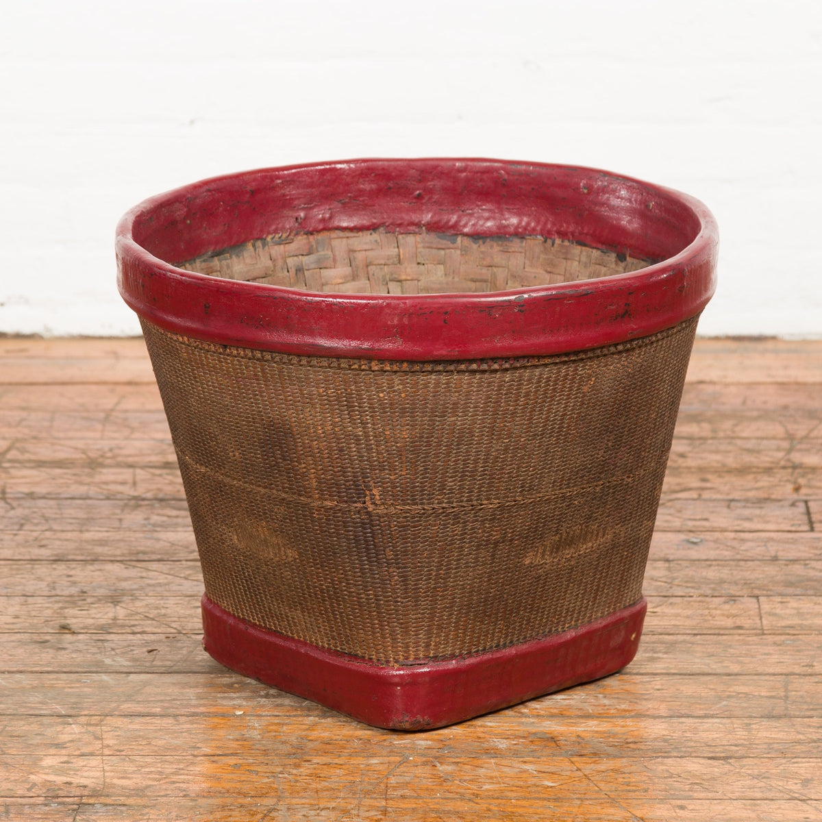 Antique Thai Hand Woven Rattan Grain Basket with Red Lacquered Border-5. Asian & Chinese Furniture, Art, Antiques, Vintage Home Décor for sale at FEA Home