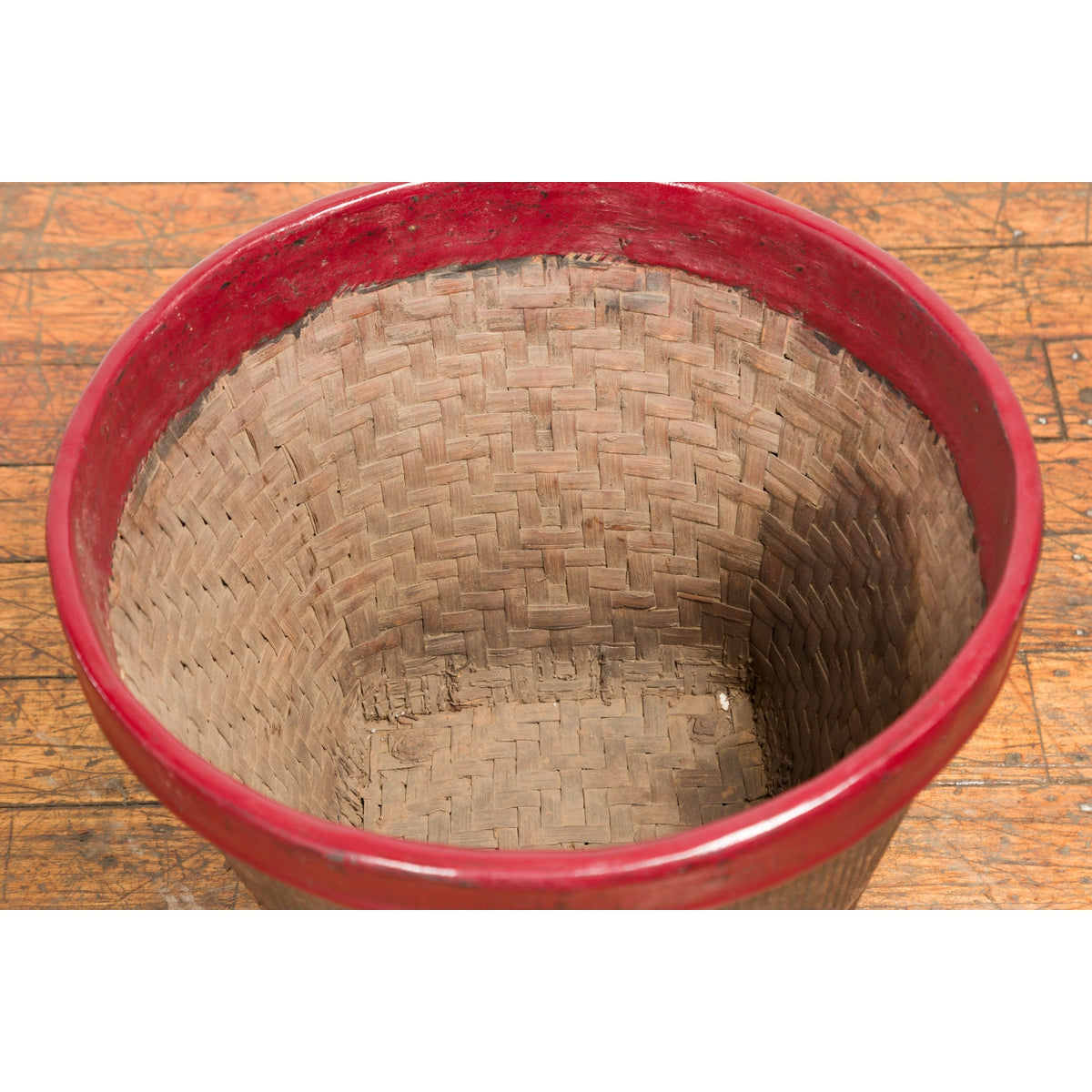 Antique Thai Hand Woven Rattan Grain Basket with Red Lacquered Border-6. Asian & Chinese Furniture, Art, Antiques, Vintage Home Décor for sale at FEA Home