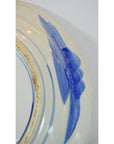 Close-up of white ceramic plate with blue brushstrokes and concentric blue edge lines.