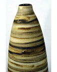 Close-up of tall brown and beige swirled striped ceramic vase on a white background.
