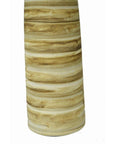 Beige and brown ceramic vase with marbled swirled pattern, large cylindrical shape, earth tone close-up.