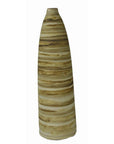 Close-up of tall, narrow ceramic vase with brown and beige earth-toned stripes on a white base.