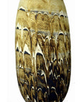 Close-up of glossy brown and cream ceramic vase with organic, feather-like pattern.