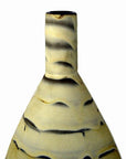 Close-up of large white ceramic vase with narrow neck and wavy earth tone marbling pattern.