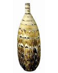 Earth-tone marbled ceramic vase with tall, large body and narrow neck on white background.