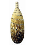 Earth-toned ceramic vase with a tall, narrow neck and wave-like textured patterns, close-up view.