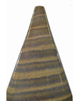 Close-up of a large ceramic vase with brown and tan horizontal stripes on a white background.