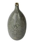 Speckled gray ceramic vase, oval shape with narrow neck and small opening, close-up top view.