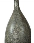 Close-up of gray ceramic vase with narrow neck and mottled, speckled finish.