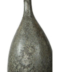 Close-up of gray ceramic vase with narrow neck and mottled, speckled finish.
