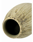Close-up of unglazed beige ceramic vase with brown textured streaks, showing rim and opening.