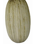 Close-up of tall oval unglazed ceramic vase with smooth surface and vertical brown streaks.