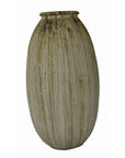 Close-up of tall, oval ceramic vase with vertical brown streaks on light beige, set against a white background.