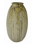 Close-up of tall beige unglazed ceramic vase with vertical brown streaks and a "41" label near the top.