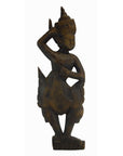 Dark wood Balinese hand-carved temple dancer statue, 26" tall, decorative panel accents, one arm raised.
