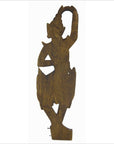 Brown wood silhouette of a Balinese hand carved temple dancer, wall decor shown on a 27-inch shelf.