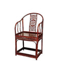 Brown bamboo horseshoe chair with curved back, lattice design, and straight legs against white background.
