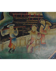 Brown woven basket with lid, three people in traditional attire outdoors against a painted background.