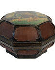 Hexagonal basket with painted lid and ribbed brown wooden panels, close-up view.