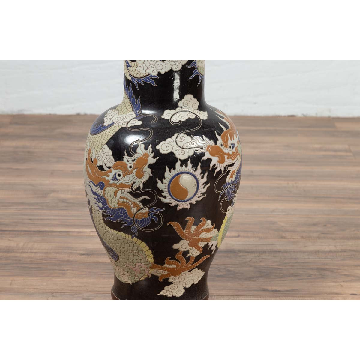 Blue Dragon Motif Altar Vase on Black Ground, Found in Vietnamese Temple-12. Asian & Chinese Furniture, Art, Antiques, Vintage Home Décor for sale at FEA Home