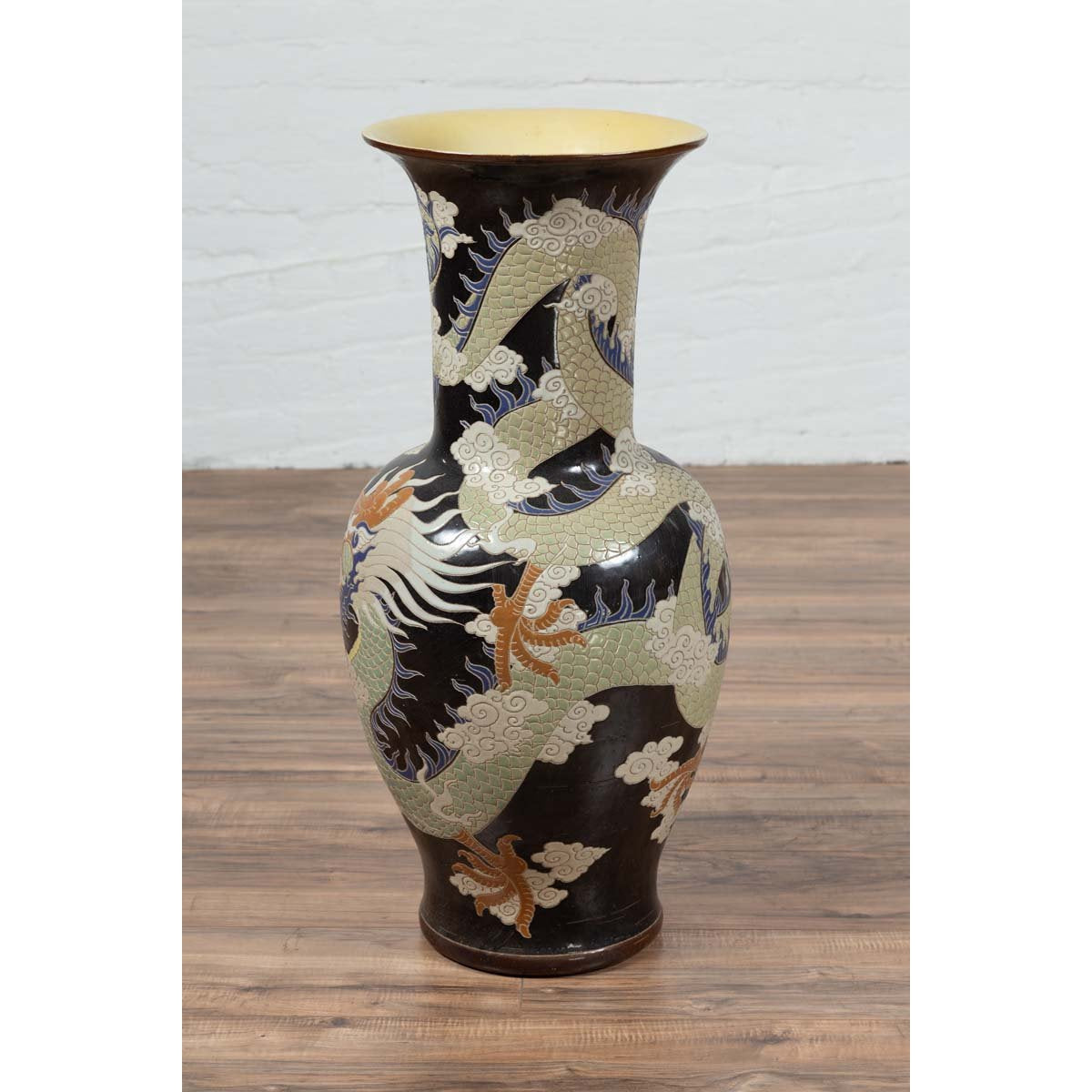 Blue Dragon Motif Altar Vase on Black Ground, Found in Vietnamese Temple-14. Asian & Chinese Furniture, Art, Antiques, Vintage Home Décor for sale at FEA Home