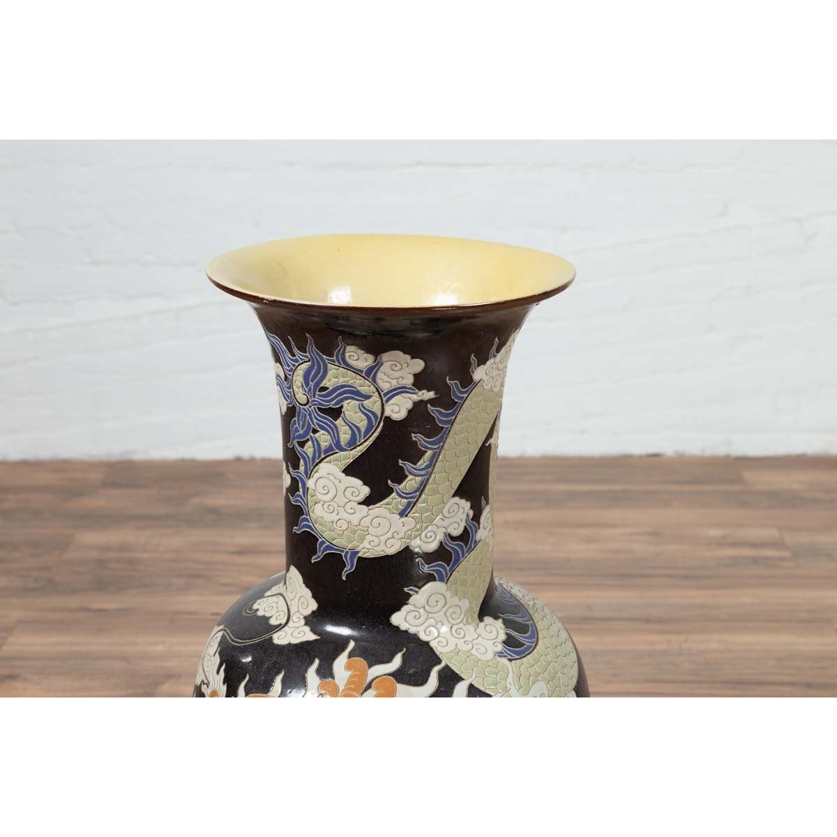 Blue Dragon Motif Altar Vase on Black Ground, Found in Vietnamese Temple-5. Asian & Chinese Furniture, Art, Antiques, Vintage Home Décor for sale at FEA Home