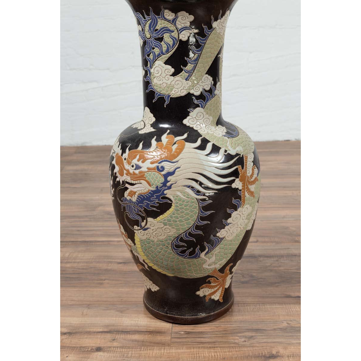 Blue Dragon Motif Altar Vase on Black Ground, Found in Vietnamese Temple-6. Asian & Chinese Furniture, Art, Antiques, Vintage Home Décor for sale at FEA Home